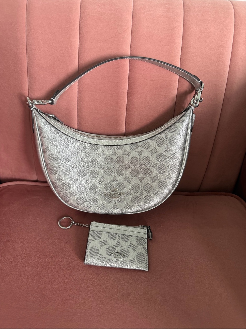 Coach Metallic Silver Signature Crescent Shoulder Bag with Matching Card Case